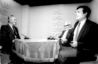 Foreign Minister Shimon Peres took part in a TV actuality show when he was interviews by Dan Margalit and Dr. Israel Eldad at the TV Educational studio.