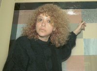 Actress Talia Shapira acting as a sales woman at the pavement exhibition in Tel Aviv.