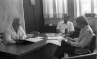 Ariel Sharon in his office as Defence Minister speaking with his media advisor Uri Dan in an interview for foreign media.