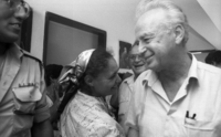 Itzhak Rabin visiting the Moshav Hagor trying to persvade the residents to vote for the Labour Party in the comming State Elections.