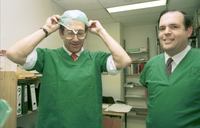 Health Minister Ehud Olmert visited Jerusalem's Sha'arei Zedek Hospital to see an open heart operation being performed on a six month-old baby.