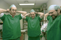 Health Minister Ehud Olmert visited Jerusalem's Sha'arei Zedek Hospital to see an open heart operation being performed on a six month-old baby.