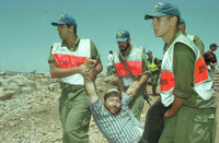 Thousands of West Bank settlers and their supporters squatted on hill tops and blocked major intersections in an attempt to block the peace process and the expected transfer of land and authority to the Palestinians.