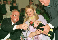 PM Rabin Itzhak celebrate the Mimouna part this year on 24 April 1995 at Mazkeret Batia village with hundreds of Morroccans Jews at Labour party member Rafi Swissa's home.
