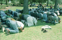 Moslems praying outside the Prime Ministers office in Jerusalem.