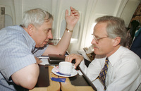 Eitan Haber Media adviser to the PM Rabin, speaking with the US Ambassador to Israel Martin Indik, on way to the signing ceremony of the Oslo Agreement.