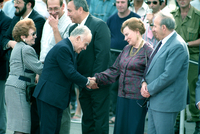 PM Itzhak Shamir is welcoming at the Ben Gurion airport by his Ministers on his returning from Madrit where he participated in the Peace conference.