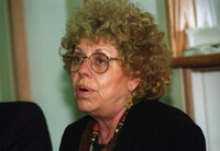 Education Minister Shulamit Aloni holding a press conference with the foreign media.