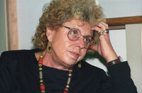 Education Minister Shulamit Aloni holding a press conference with the foreign media.