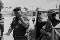 CO Southern Command Aluf Ariel Sharon visiting Israeli positions along the Suez Canal.
