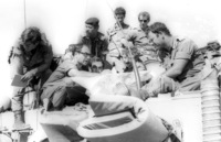 Southern Region Commander, General Shmuel Gorodish speaking with Kalman Magen about the Egyption attack".