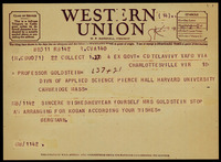 A telegram to Prof. S. Goldstein, Harvard University, Cambridge, Mass.