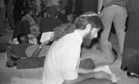 Hippies praying at the Western Wall on the 1900 anniversary of the destruction of the Jewish Temple by the Romans.