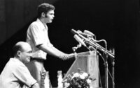 Defence Minister Moshe Dayan listening to questions at an assemly for youths graduates of the High Schools in Israel which took place at the Mann Auditorium in Tel Aviv.