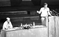 Defence Minister Moshe Dayan listening to questions at an assemly for youths graduates of the High Schools in Israel which took place at the Mann Auditorium in Tel Aviv.