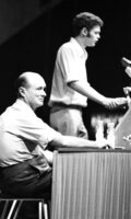 Defence Minister Moshe Dayan listening to questions at an assemly for youths graduates of the High Schools in Israel which took place at the Mann Auditorium in Tel Aviv.