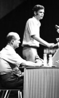 Defence Minister Moshe Dayan listening to questions at an assemly for youths graduates of the High Schools in Israel which took place at the Mann Auditorium in Tel Aviv.