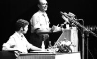 Defence Minister Moshe Dayan listening to questions at an assemly for youths graduates of the High Schools in Israel which took place at the Mann Auditorium in Tel Aviv.