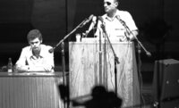 Defence Minister Moshe Dayan listening to questions at an assemly for youths graduates of the High Schools in Israel which took place at the Mann Auditorium in Tel Aviv.