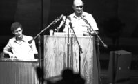 Defence Minister Moshe Dayan listening to questions at an assemly for youths graduates of the High Schools in Israel which took place at the Mann Auditorium in Tel Aviv.