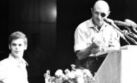 Defence Minister Moshe Dayan listening to questions at an assemly for youths graduates of the High Schools in Israel which took place at the Mann Auditorium in Tel Aviv.