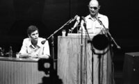 Defence Minister Moshe Dayan listening to questions at an assemly for youths graduates of the High Schools in Israel which took place at the Mann Auditorium in Tel Aviv.