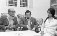 Head of the Jewish Defence League, Yosef Schneider (right) speaking with a Palestian personality.