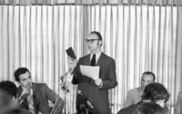 George Rave, a representative of the French air Company Air France holding the Lybian's pilot license to fly a 727 Boeing plane showing to the press.