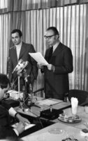 George Rave, a representative of the French air Company Air France holding the Lybian's pilot license to fly a 727 Boeing plane showing to the press.