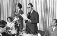 George Rave, a representative of the French air Company Air France holding the Lybian's pilot license to fly a 727 Boeing plane showing to the press.
