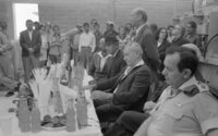 Minister Haim Bar Lev visiting a tiles factory in Kiryat Arba.