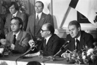 שר החוץ של ארה"ב, סיירוס ואנס, במסיבת עיתונאים עם ראש הממשלה מנחם בגין.