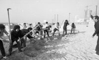 Members of Young Mapam Party, demonstrating on a Tel Aviv beach against the government's economic policy, which they say, will create unemloyment.