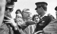 Several members of Kibbutz Or demonstrating in front of the Prime Minister's office in Jerusalem, demanding to end the partly occupation of Lebanon and withdrawal of the IDF troops.