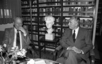 Former German Chancellor Willy Brandt speaking with PM Shimon Peres at Ben Gurion's Home.