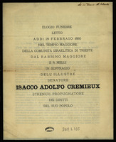 Elogio funebre letto addi 29 febbraio 1880 nel Tempo maggiore della Comunità israelitica di Trieste dal rabbino maggiore S. R. Melli in suffragio dell'illustre senatore Isacco Adolfo Cremieux ...