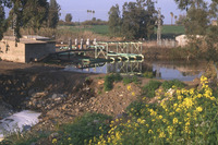 מתקן שאיבה ליד מאגר מים עם צמחייה.